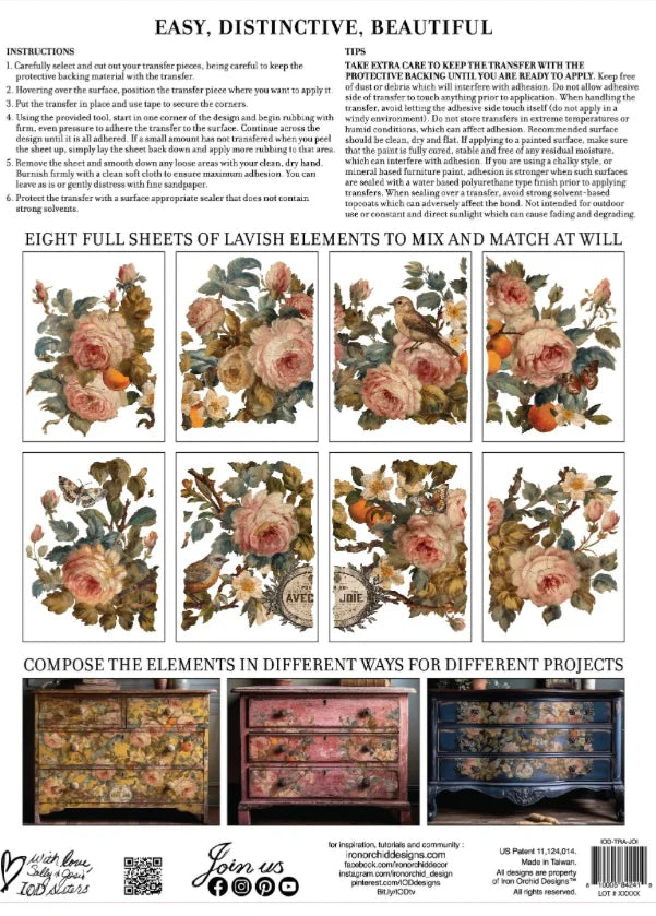 NEW! JOIE DES ROSES Transfer Pad by IOD (set of eight 12"x16" sheets) - Rustic Farmhouse Charm