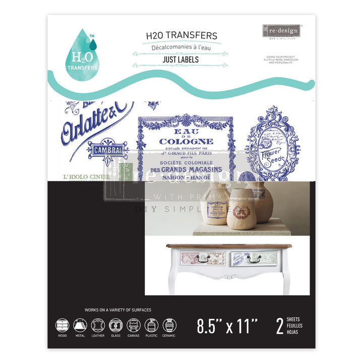 Redesign H20 Transfer - JUST LABELS (2 sheets, each 21.59cm x 27.94cm) - Rustic Farmhouse Charm