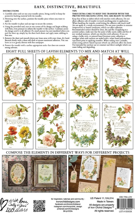 NEW! LOVER OF FLOWERS Transfer Pad by IOD (set of eight 8"x12" sheets) - Rustic Farmhouse Charm