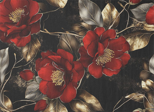Decoupage Tissue Paper - Midnight Red Camellias (53.34cm x 73.66cm)