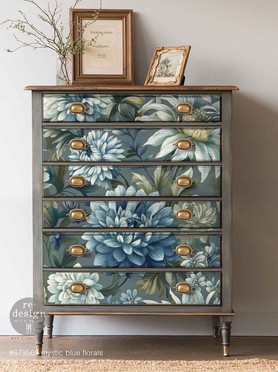 LIMITED! Redesign A1 Decoupage Fibre Paper - MYSTIC BLUE FLORALS (59.44cm x 84.07cm) - Rustic Farmhouse Charm