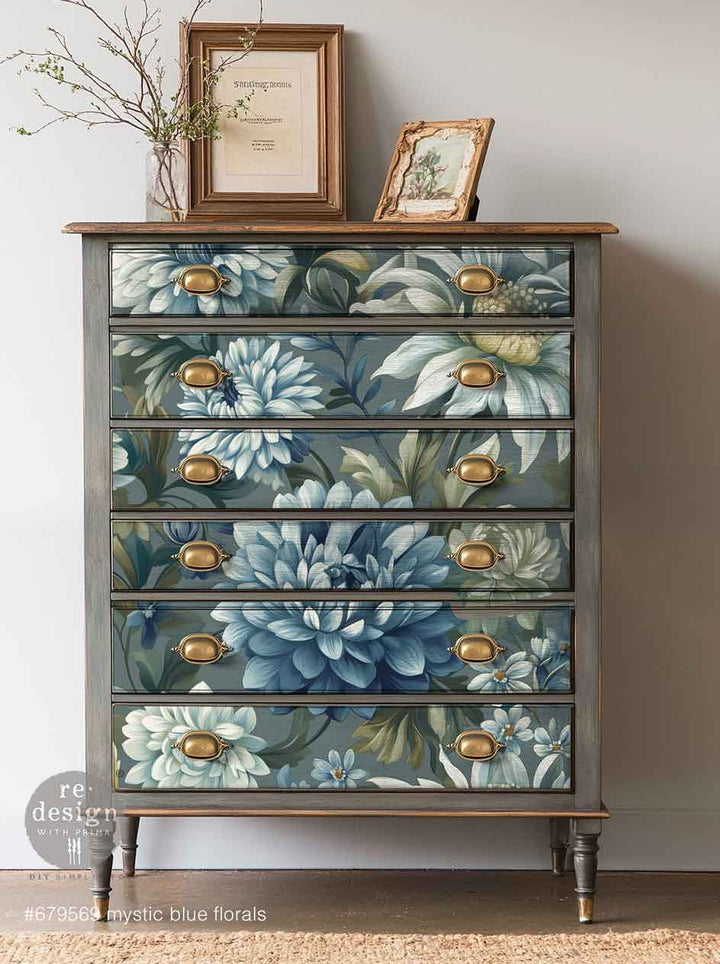 LIMITED! Redesign A1 Decoupage Fibre Paper - MYSTIC BLUE FLORALS (59.44cm x 84.07cm) - Rustic Farmhouse Charm