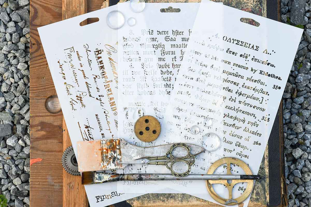 NEW! Limited Edition Finnabair Stencil Set – OLD PAGES – 3 stencils, 6″x9″ each