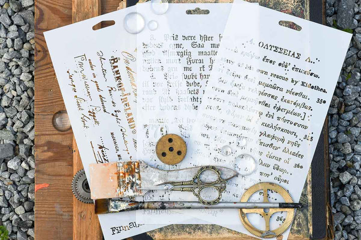 NEW! Limited Edition Finnabair Stencil Set – OLD PAGES – 3 stencils, 6″x9″ each