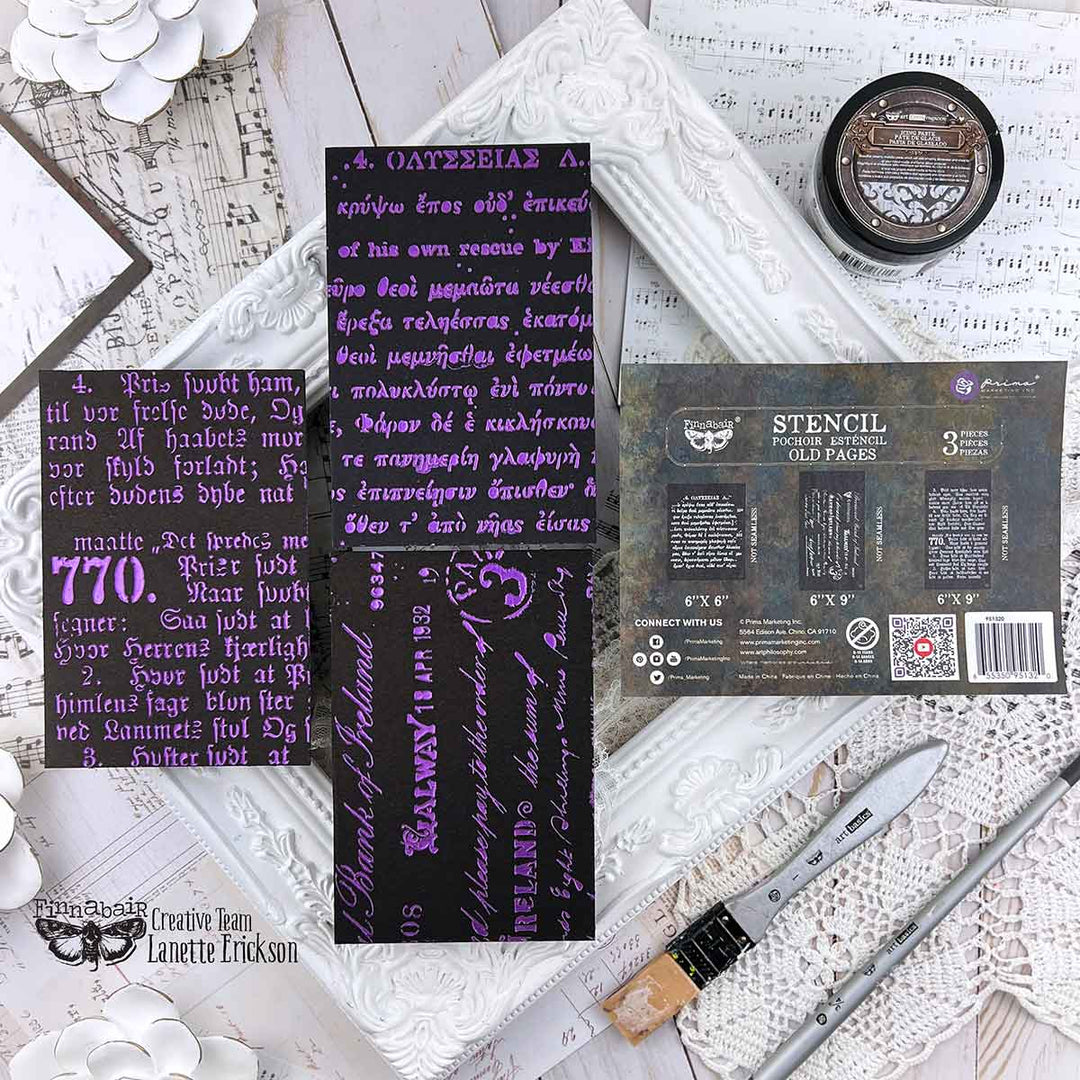 NEW! Limited Edition Finnabair Stencil Set – OLD PAGES – 3 stencils, 6″x9″ each