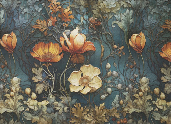 Decoupage Tissue Paper - Orange & Cream Flowers on Teal Background