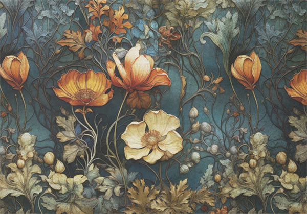 Decoupage Tissue Paper - Orange & Cream Flowers on Teal Background