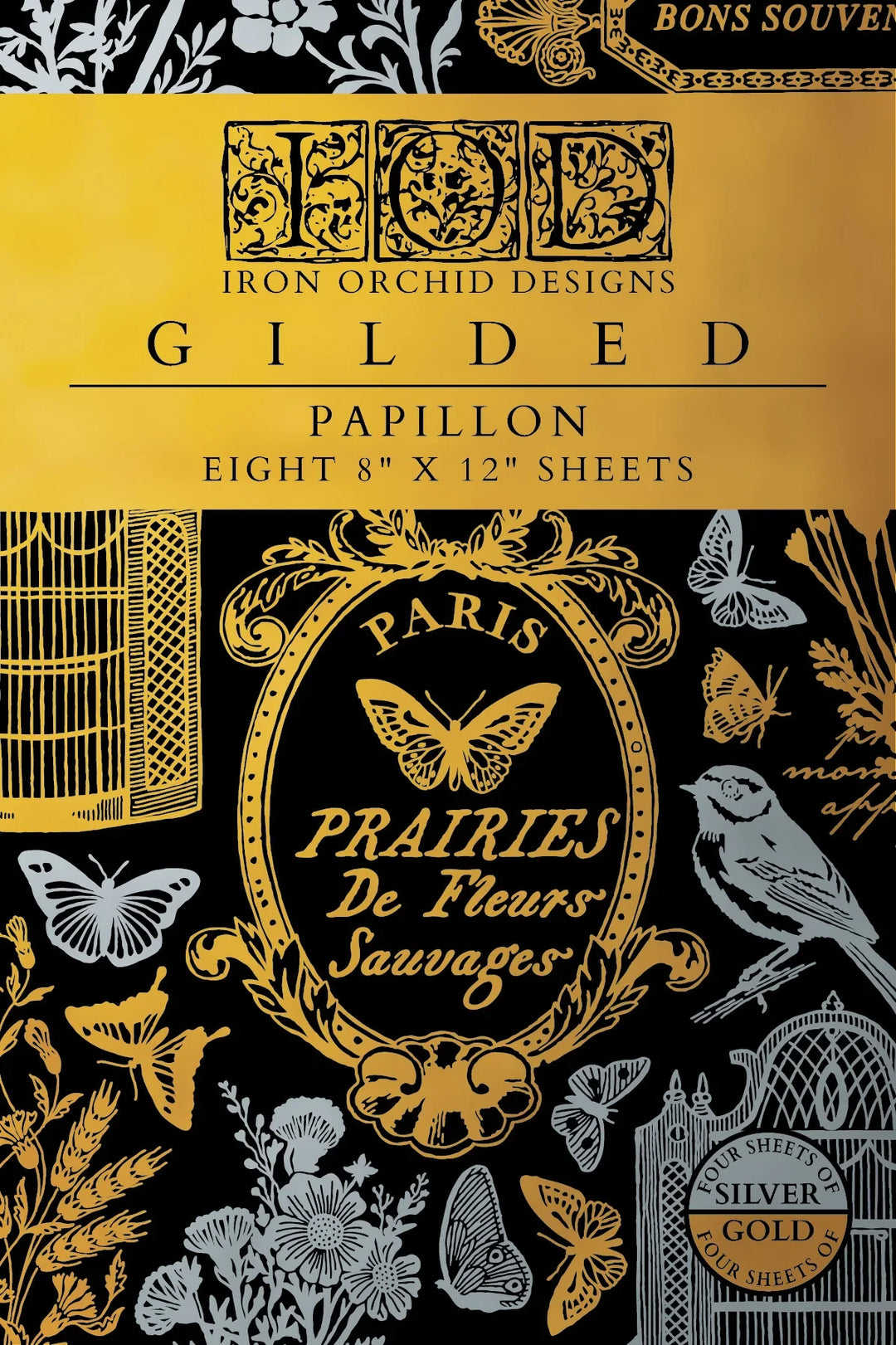 NEW! IOD Gold & Silver Foil Transfer Pad - PAPILLON (set of eight 8"x12" sheets) - Rustic Farmhouse Charm