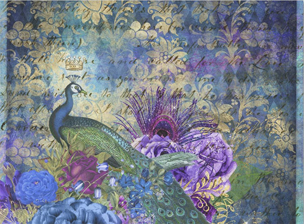 Decoupage Tissue Paper - Peacock with Damask Script Background (43.18cm x 58.42cm)