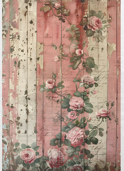 Decoupage Tissue Paper - Pink Roses on a Shabby Wall (53.34cm x 73.66cm) - Rustic Farmhouse Charm