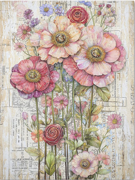 Decoupage Tissue Paper - Pink & Red Stylised Flowers (38.1cm x 50.8cm)