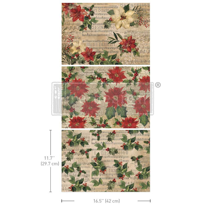 NEW! Redesign A3 Decoupage Fibre Paper Pack of 3 - POINSETTIAS (29.7cm x 41.9cm)