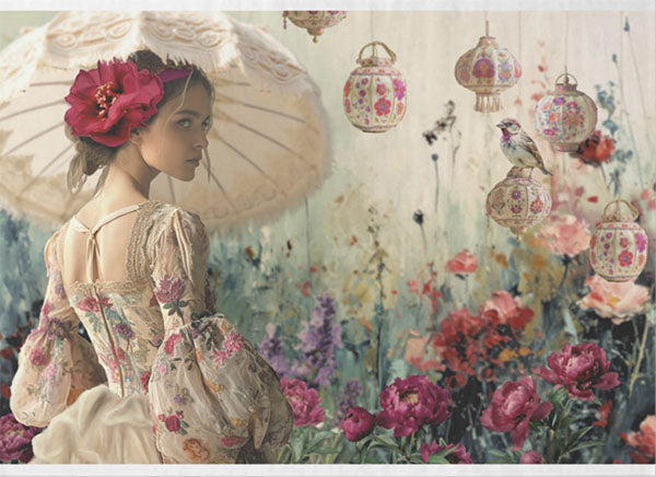 Decoupage Tissue Paper - Pretty Girl with Parasol in Lantern Garden (53.34cm x 73.66cm) - Rustic Farmhouse Charm