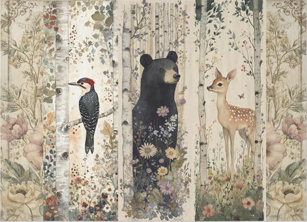 Decoupage Tissue Paper - Pretty Woodlands with Bear, Bird & Deer (53.34cm x 73.66cm) - Rustic Farmhouse Charm