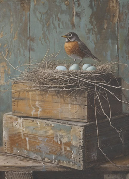 Decoupage Tissue Paper - Robin's Nest on Rustic Crates (25.4cm x 35.56cm) - Rustic Farmhouse Charm