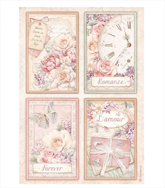 ROMANCE FOREVER 4 CARDS Rice Paper by Stamperia (A4) - Rustic Farmhouse Charm