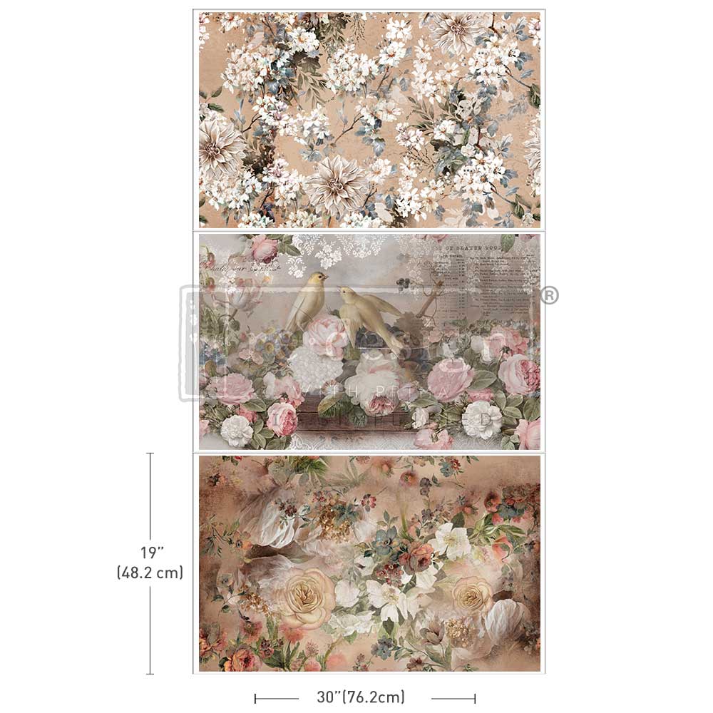 NEW! Redesign Decoupage Tissue Paper Pack - ROMANCE IN BLOOM (3 sheets, each 49.53cm x 76.2cm) - Rustic Farmhouse Charm