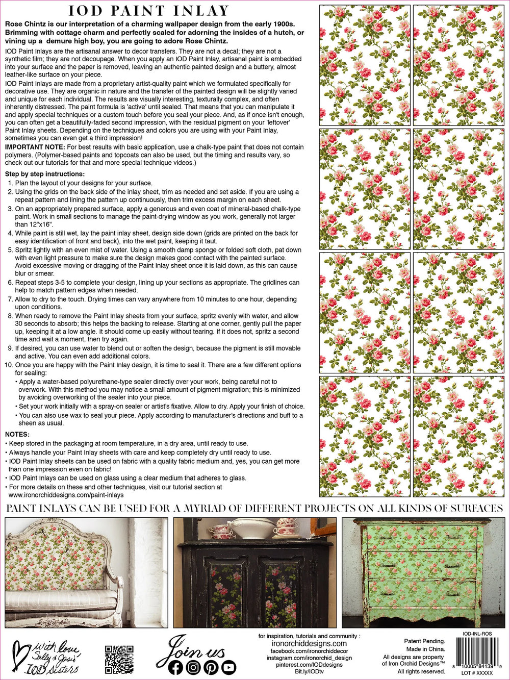 ROSE CHINTZ Paint Inlay by IOD (set of eight 12"x16" sheets) - Rustic Farmhouse Charm