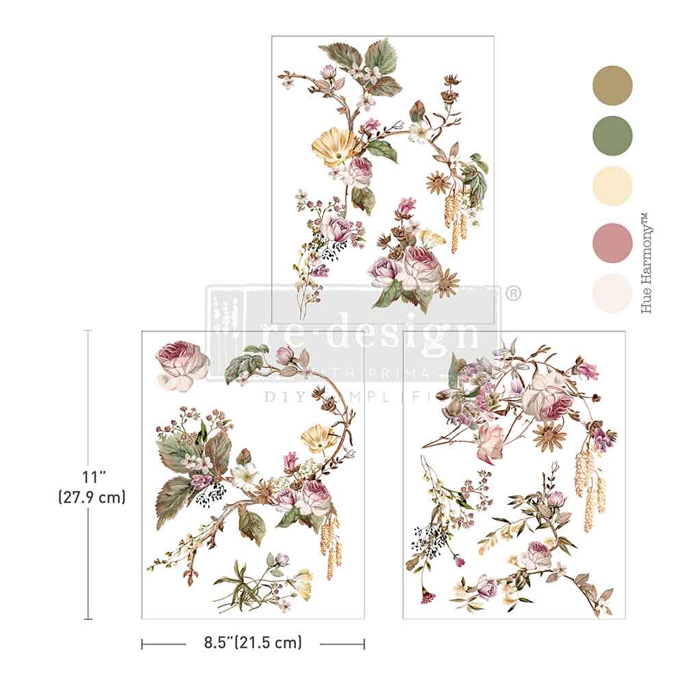 NEW! Redesign Middy Transfer - ROSETTE ROYALE (3 sheets, each 21.59cm x 27.94cm) - Rustic Farmhouse Charm