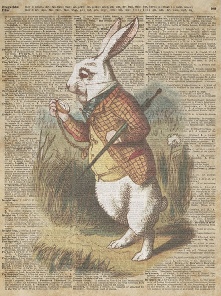 Decoupage Tissue Paper - White Rabbit of Alice in Wonderland on Newspaper Background (45.72cm x 60.96cm) - Rustic Farmhouse Charm