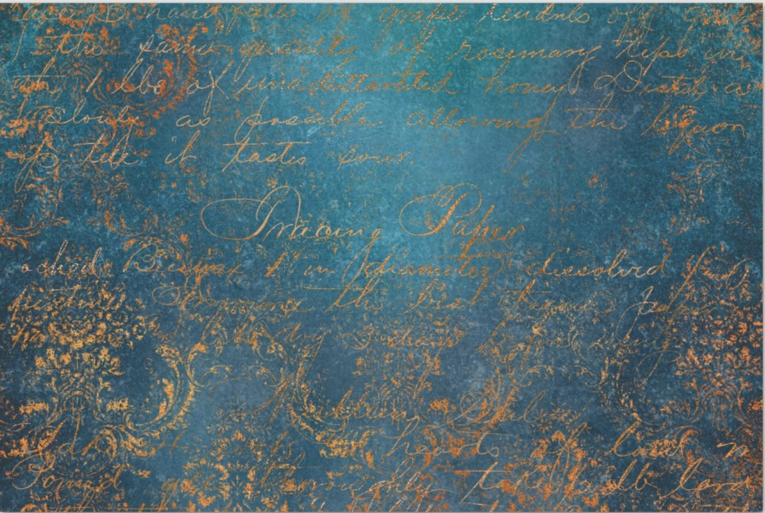 Decoupage Tissue Paper - Script on Damask Teal Background (50.8cm x 76.2cm) - Rustic Farmhouse Charm