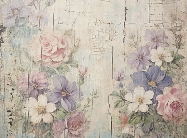 Decoupage Tissue Paper - Shabby Flowers Crackled Wall (45.72cm x 60.96cm) - Rustic Farmhouse Charm