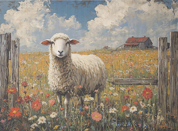Decoupage Tissue Paper - Sheep Among the Wildflowers (53.34cm x 73.66cm)