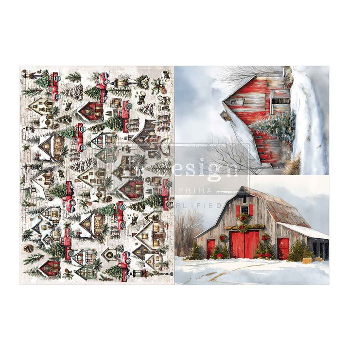 NEW! Redesign A3 Decoupage Fibre Paper Pack of 2 - SNOWY VILLAGE CHARM (29.7cm x 41.9cm)