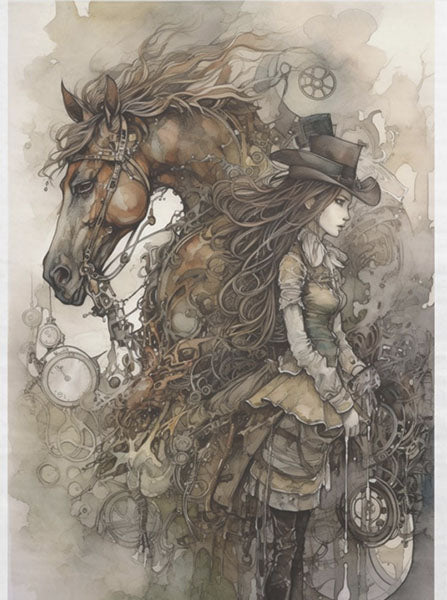 Decoupage Tissue Paper - Steampunk Fantasy Girl with Horse (53.34cm x 73.66cm) - Rustic Farmhouse Charm