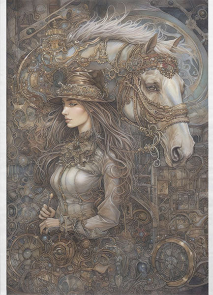 Decoupage Tissue Paper - Steampunk Fantasy Lady with White Horse (53.34cm x 73.66cm) - Rustic Farmhouse Charm