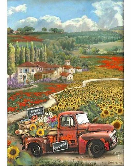 SUNFLOWER ART VINTAGE CAR Rice Paper by Stamperia (A4) - Rustic Farmhouse Charm