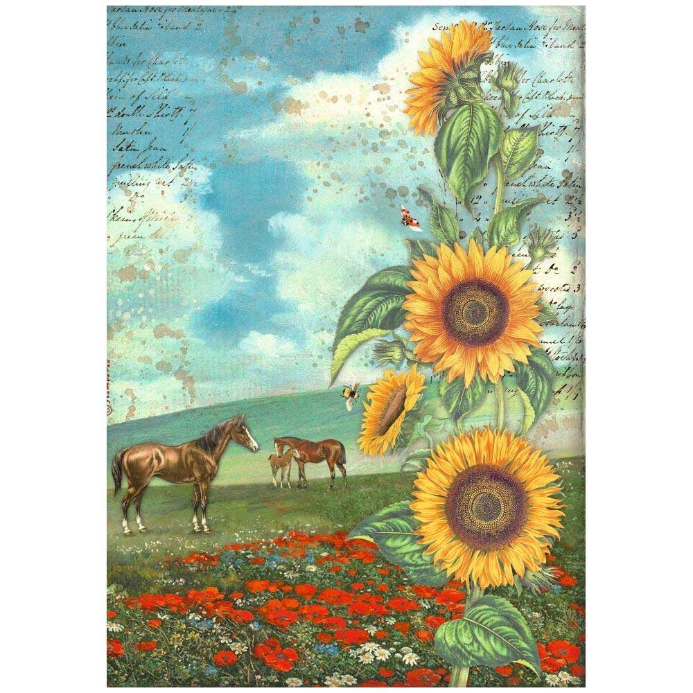 SUNFLOWER ART & HORSES Rice Paper by Stamperia (A4) - Rustic Farmhouse Charm
