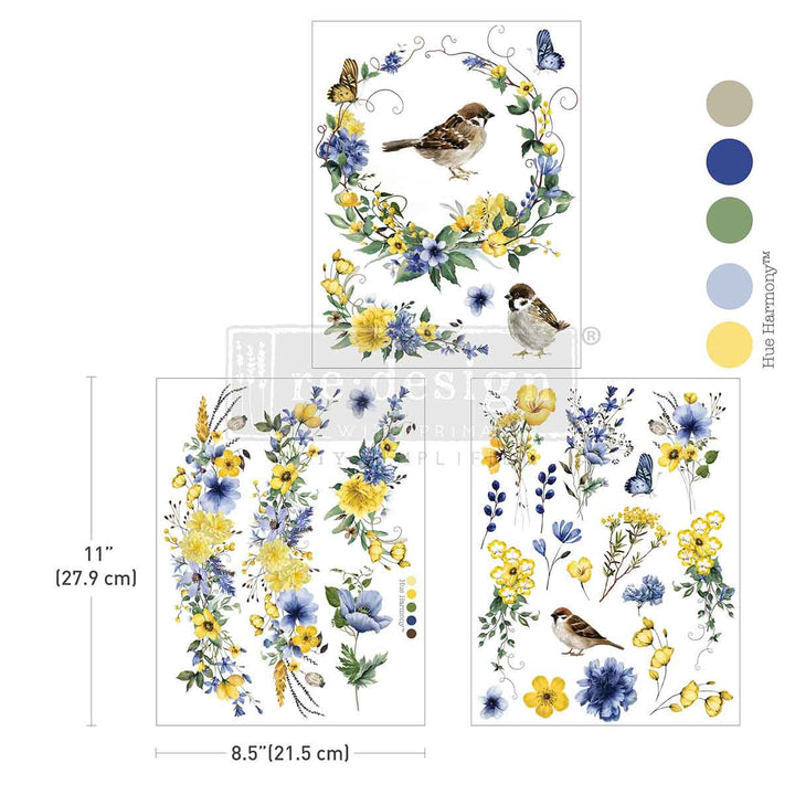 NEW! Redesign Middy Transfer - SUNLIT AVIARY (3 sheets, each 21.59cm x 27.94cm) - Rustic Farmhouse Charm