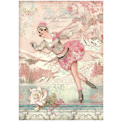 SWEET WINTER ICE SKATER Rice Paper by Stamperia (A4) - Rustic Farmhouse Charm