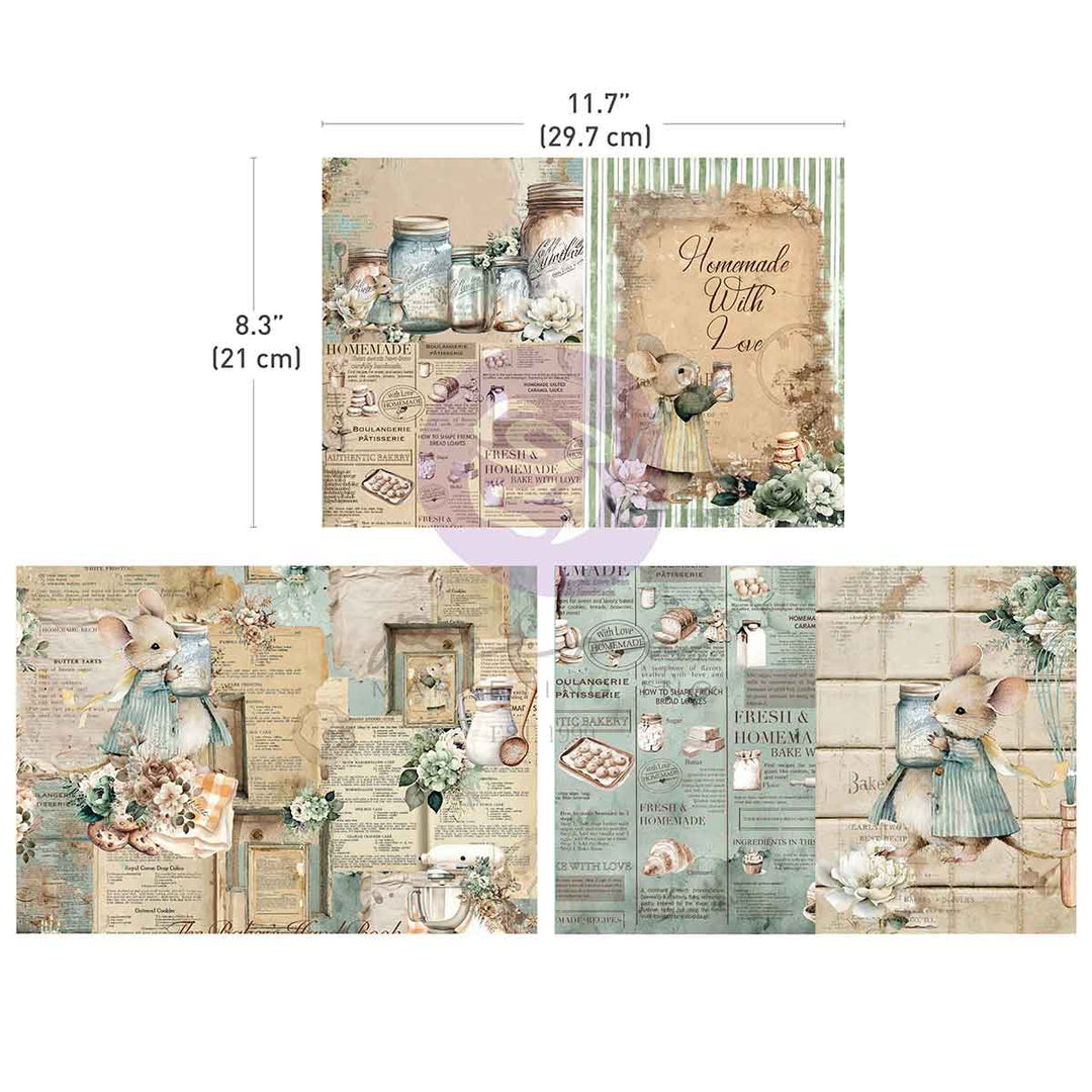 NEW! Redesign A4 Decoupage Fibre Paper - THE HOME BAKER COLLECTION (3 sheets) - Rustic Farmhouse Charm