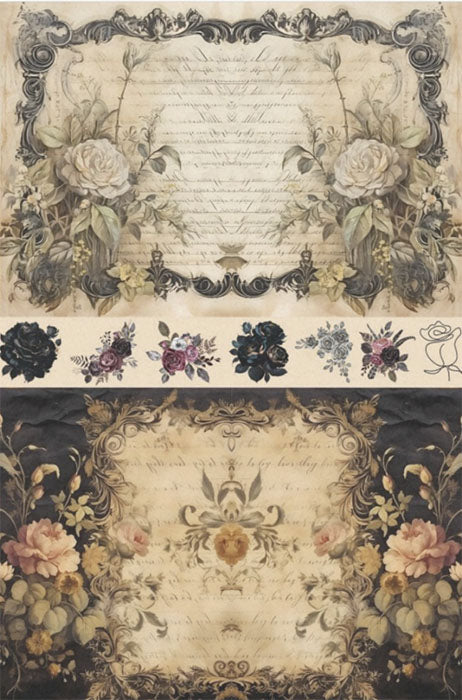 Decoupage Tissue Paper - Vintage Script & Blooms (50.8cm x 76.2cm) - Rustic Farmhouse Charm