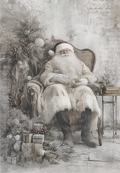 Decoupage Tissue Paper - Vintage Snowy Santa in His Chair - Rustic Farmhouse Charm