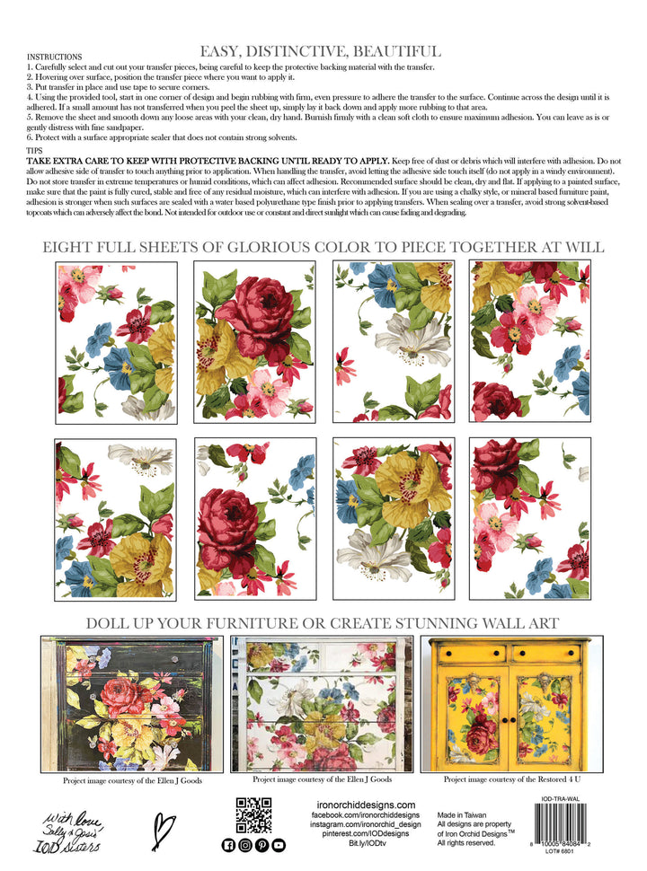 WALL FLOWER Transfer Pad by IOD (set of eight 12"x16" sheets) - Rustic Farmhouse Charm