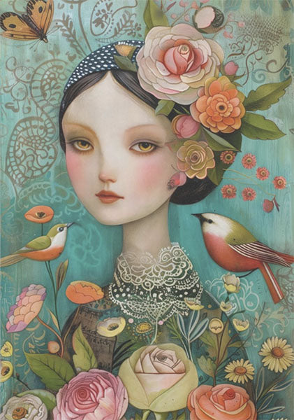 Decoupage Tissue Paper - Whimsical Girl with Birds in Garden (35.56cm x 50.8cm) - Rustic Farmhouse Charm