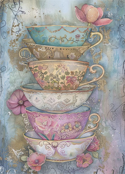 Decoupage Tissue Paper - Whimsical Tea Cups in a Stack (25.4cm x 35.56cm) - Rustic Farmhouse Charm
