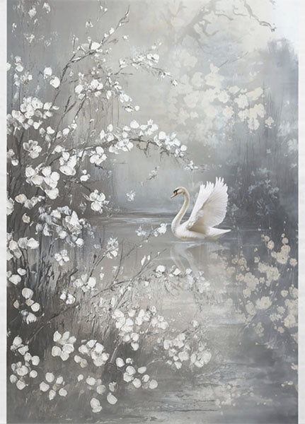 Decoupage Tissue Paper - White Swan in Misty Lake (53.34cm x 73.66cm) - Rustic Farmhouse Charm