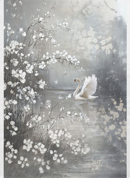 Decoupage Tissue Paper - White Swan in Misty Lake (53.34cm x 73.66cm)