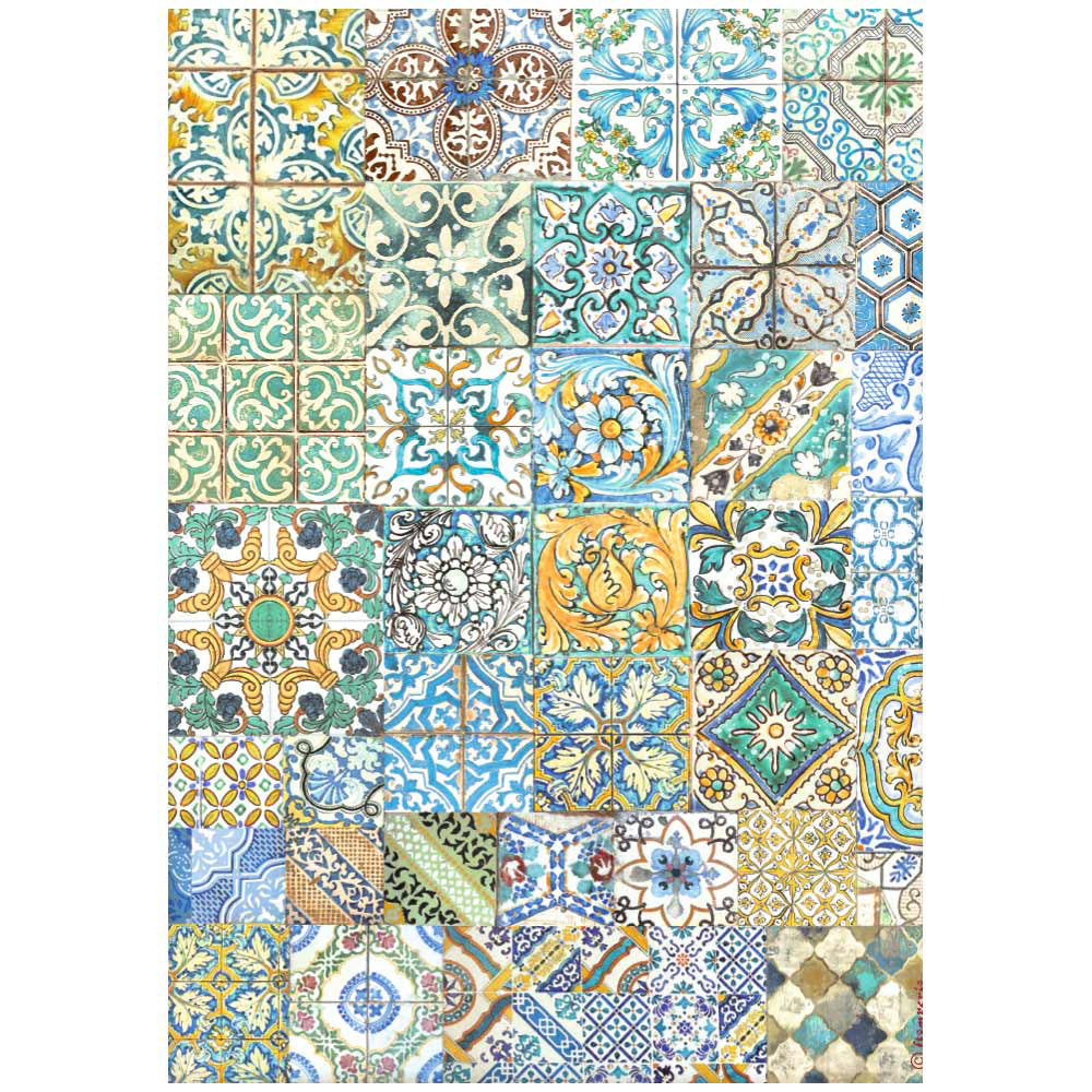 BLUE DREAM TILES Rice Paper by Stamperia (A4) - Rustic Farmhouse Charm
