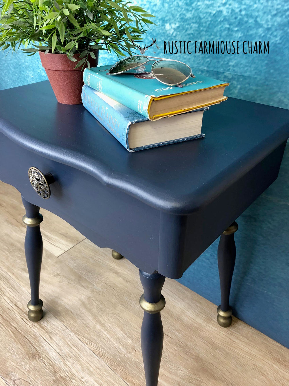 Midnight Blue & Bronze Side Table - Rustic Farmhouse Charm