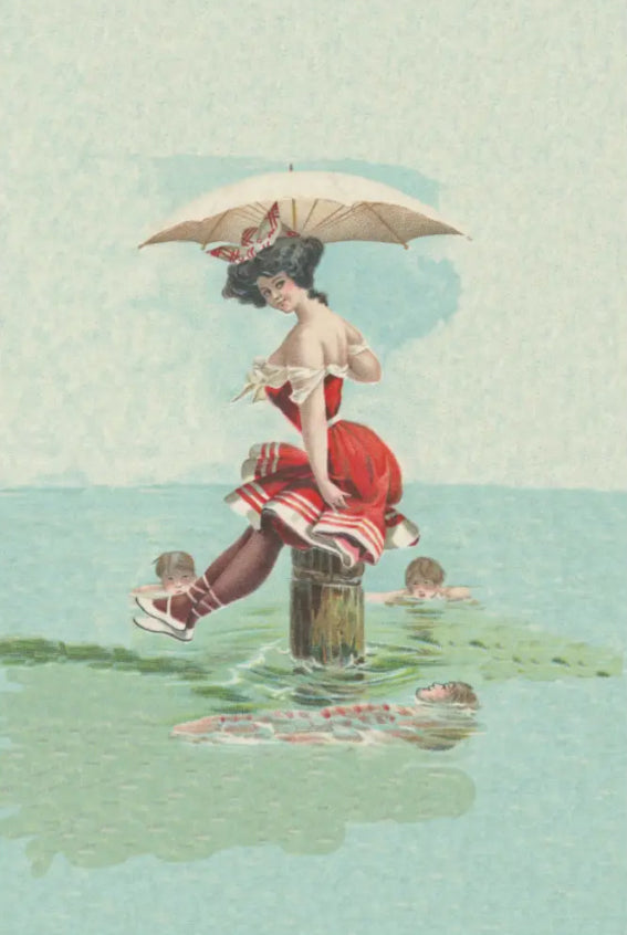 Decoupage Tissue Paper - Cute Vintage Lady in the Sea with Umbrella (25.4cm x 38.1cm) - Rustic Farmhouse Charm