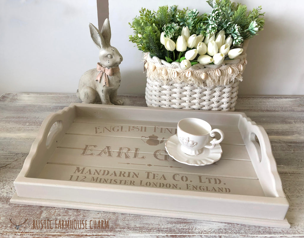 Large Earl Grey English Tea Tray Rustic Farmhouse Charm