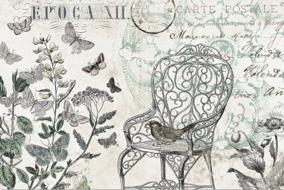 Decoupage Tissue Paper - Vintage Garden Chair with Bird (50.8cm x 76.2cm) - Rustic Farmhouse Charm