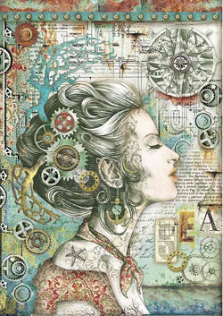 LADY WITH COMPASS STEAMPUNK Rice Paper by Stamperia (A4) - Rustic Farmhouse Charm