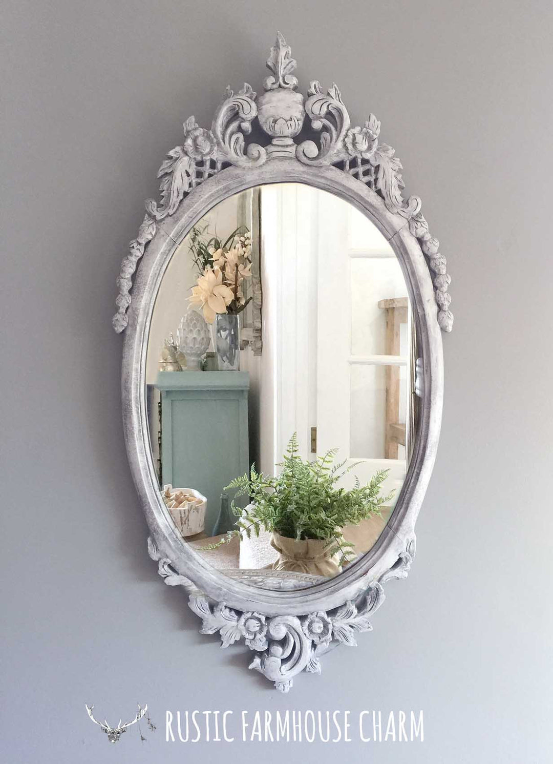 Large Ornately Carved Oval Mirror - Rustic Farmhouse Charm