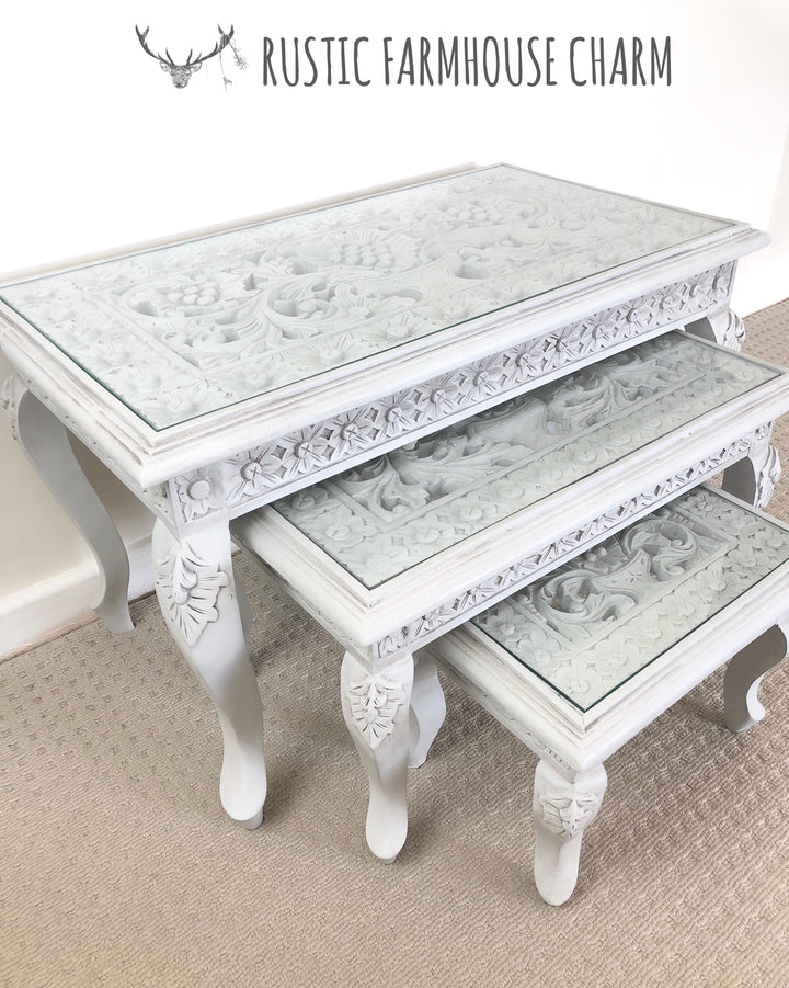 Floral Carved Set of 3 Nesting Tables - Rustic Farmhouse Charm